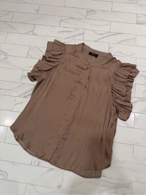 RESET Taupe Ruffle Sleeve Button Front Blouse Top Size Large